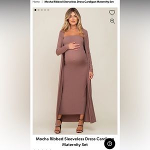 Mocha Ribbed Sleeveless Dress Cardigan Maternity Set